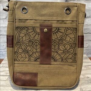 Brown Canvas and faux Leather crossbody Bag Zentangle Art detail